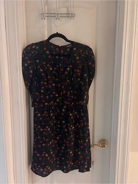 : The Kooples Black Floral Print Mini Dress with Gathered Shoulders Sz 6